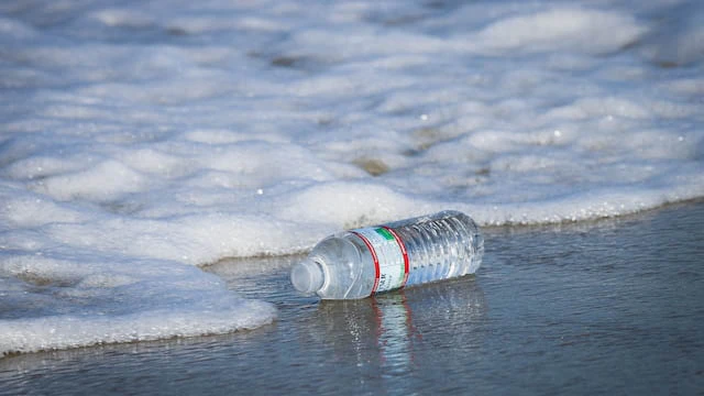 Bouteille d'eau échouée au bord de la mer